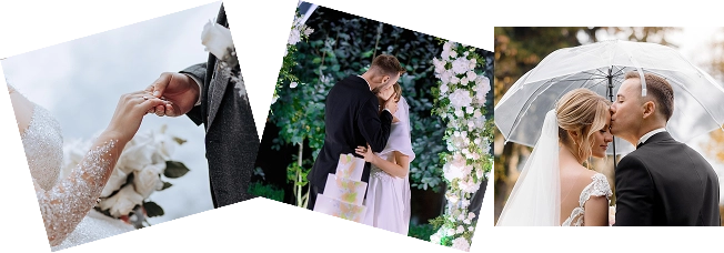 Het bruidspaar deelt een romantische kus onder een doorzichtige paraplu, een intiem huwelijksmoment in de buitenlucht.